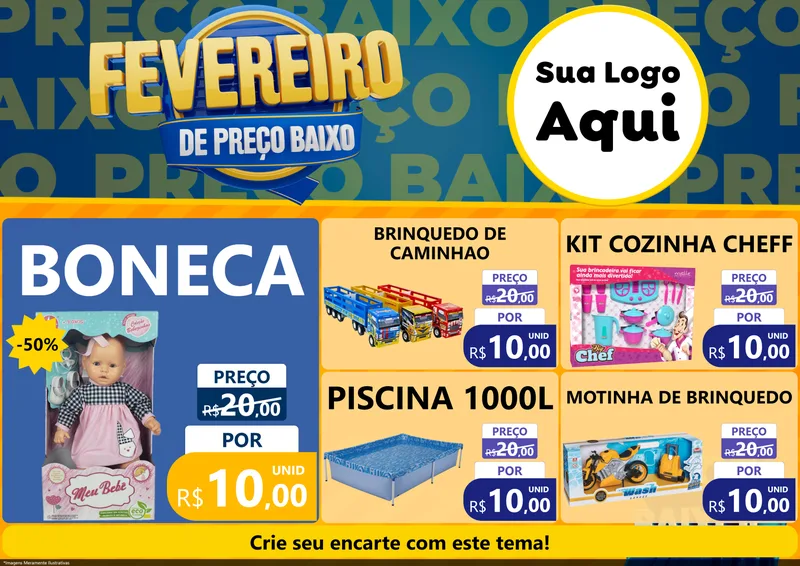 Modelo de Encarte para Encarte A4 Horizontal com o tema Fevereiro de Preço Baixo para Brinquedos