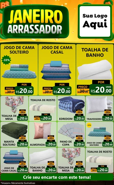 Modelo de Encarte para Encarte Grande com o tema Janeiro Arrasador para Cama, Mesa e Banho