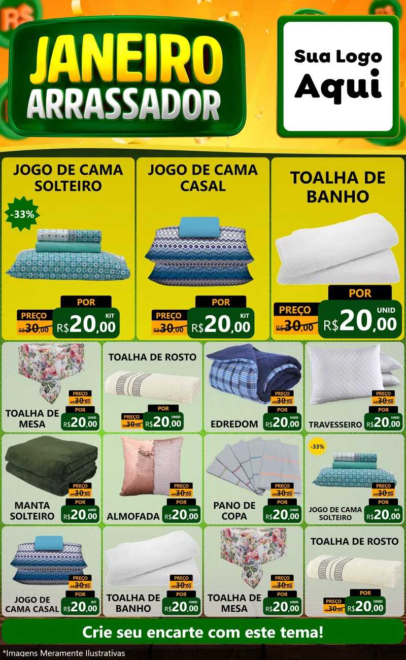 Modelo de Encarte para Encarte Grande com o tema Janeiro Arrasador para Cama, Mesa e Banho