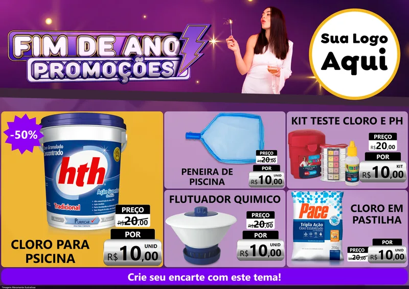 Modelo de Encarte para Encarte A4 Horizontal com o tema Fim de Ano Promoções para Produtos para Piscina