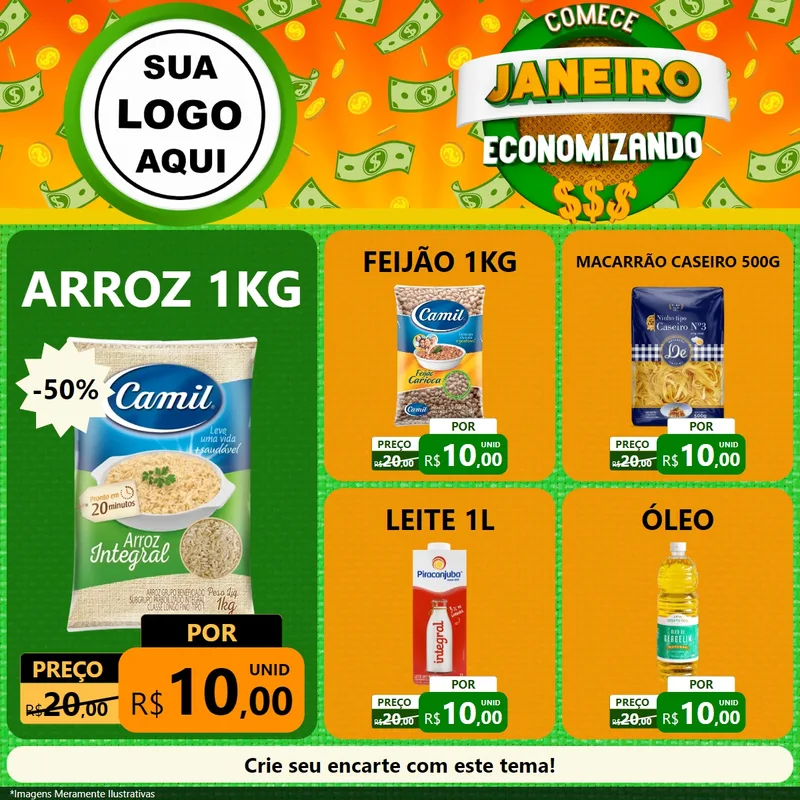 Modelo de Rede Social para Feed Facebook com o tema Comece Janeiro Economizando para Supermercado