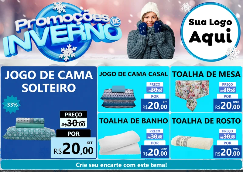 Modelo de Encarte para Encarte A4 Horizontal com o tema Promoções de Inverno para Cama, Mesa e Banho