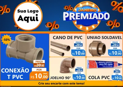 Modelo de Encarte para Encarte A4 Horizontal com o tema Janeiro Premiado para Tubos e conexões