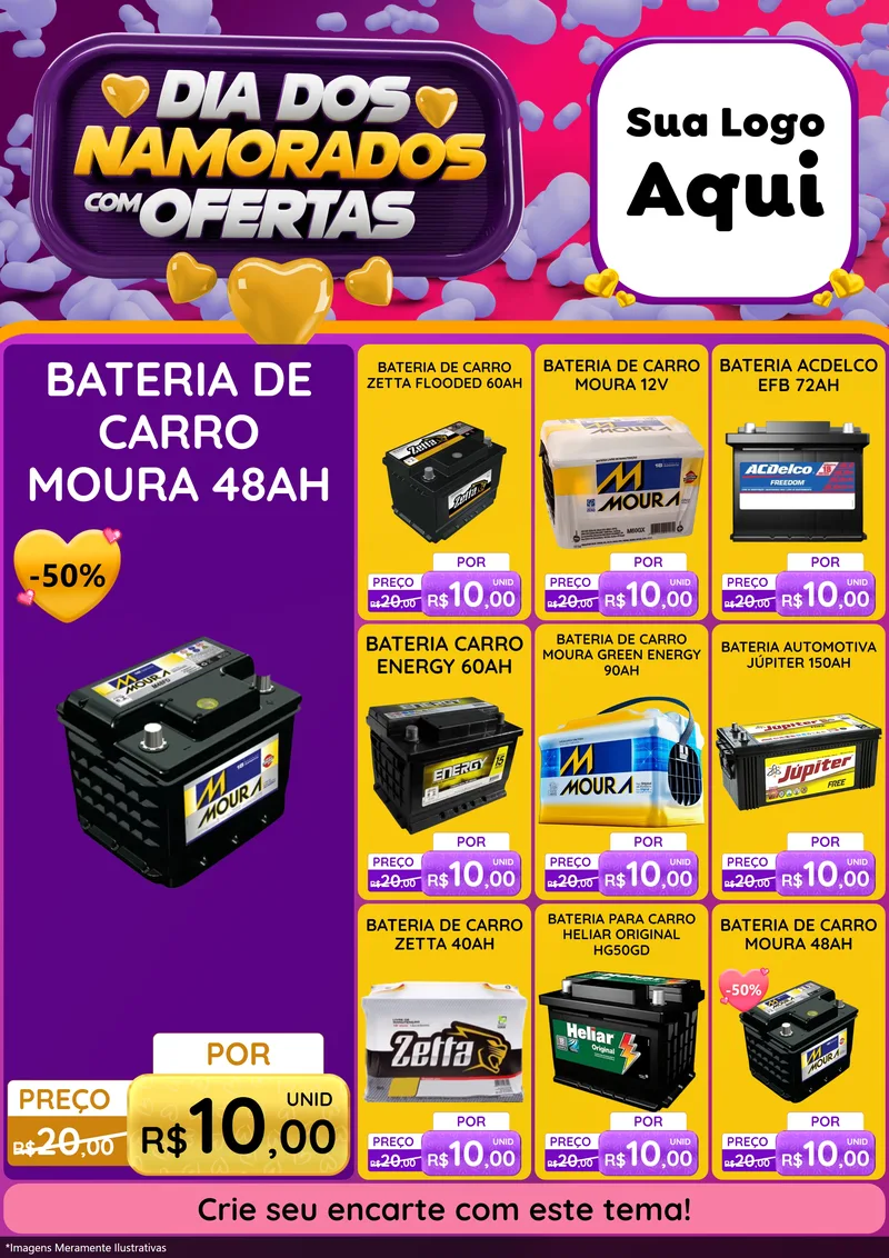 Modelo de Encarte para Encarte A4 Vertical com o tema Dia Dos Namorados Com Ofertas para Baterias Elétricas