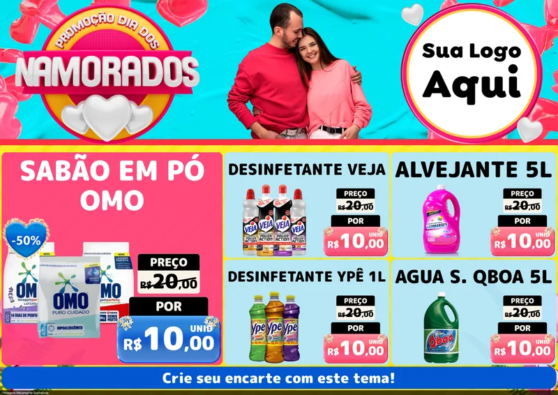 Modelo de Encarte para Encarte A4 Horizontal com o tema Promoção Dia dos Namorados para Produtos de Limpeza