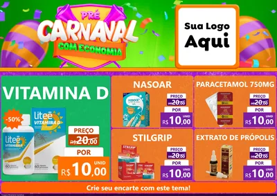 Modelo de Encarte para Encarte A4 Horizontal com o tema Pré-Carnaval Com Economia para Farmácia