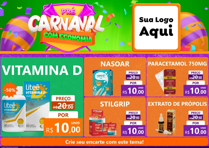 Modelo de Encarte para Encarte A4 Horizontal com o tema Pré-Carnaval Com Economia para Farmácia