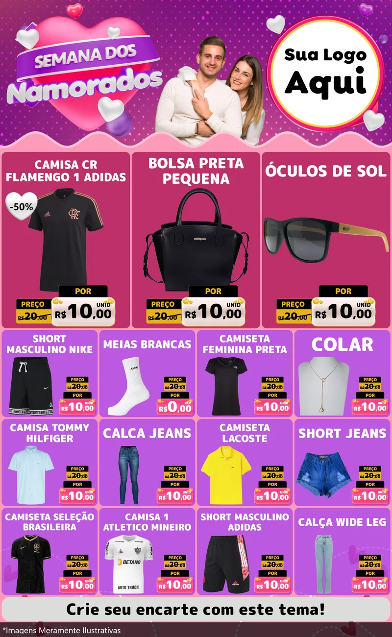 Modelo de Encarte para Encarte Grande com o tema Semana dos Namorados para Roupas e acessórios
