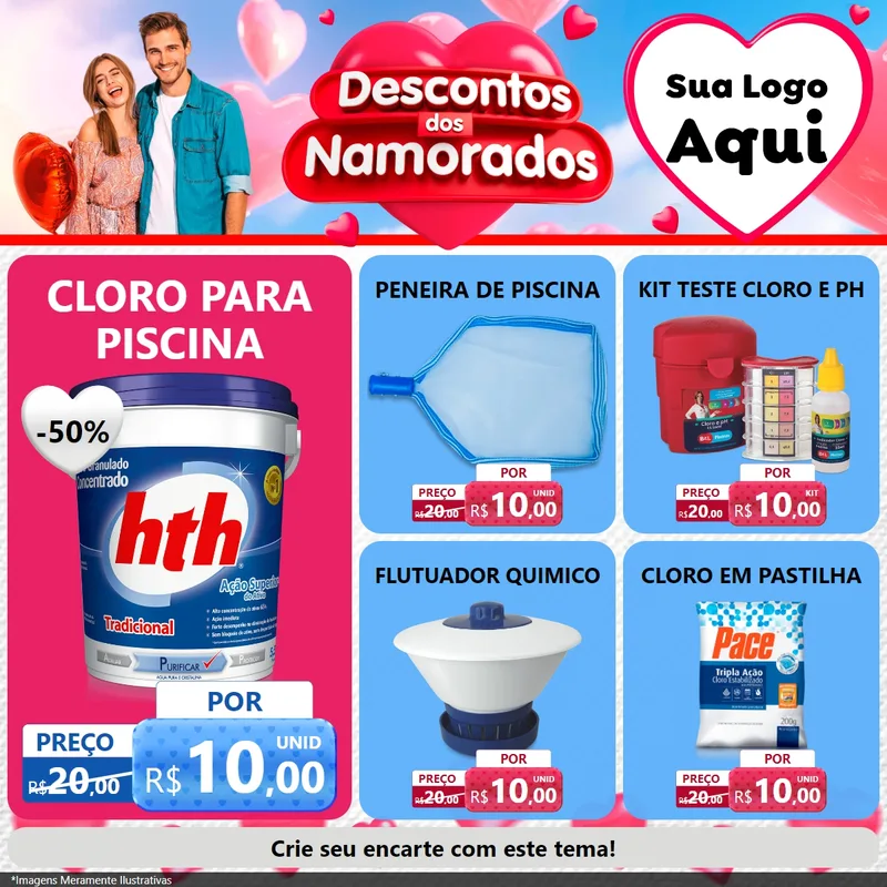 Modelo de Rede Social para Feed Facebook com o tema Descontos dos Namorados para Produtos para Piscina