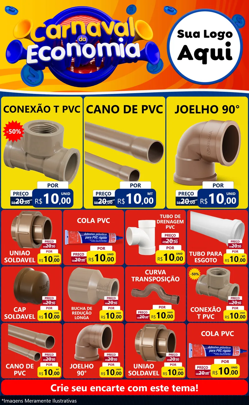 Modelo de Encarte para Encarte Grande com o tema Carnaval da Economia para Tubos e conexões
