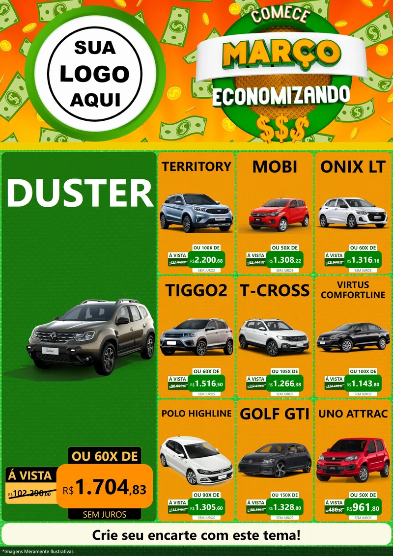 Modelo de Encarte para Encarte A4 Vertical com o tema Comece Março Economizando para Concessionaria de Carros