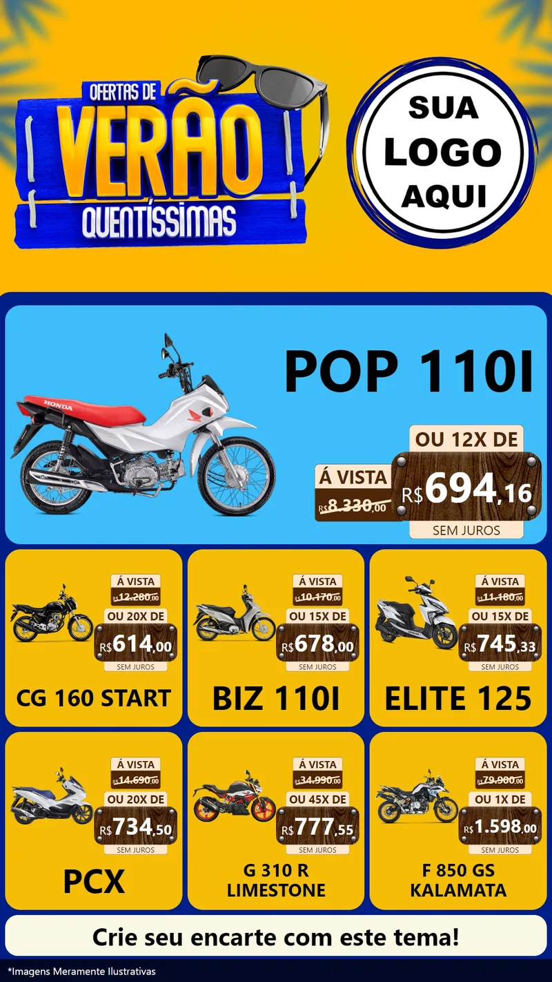 Modelo de Rede Social para Stories com o tema Ofertas de Verão Quentíssimas para Concessionaria de Motos