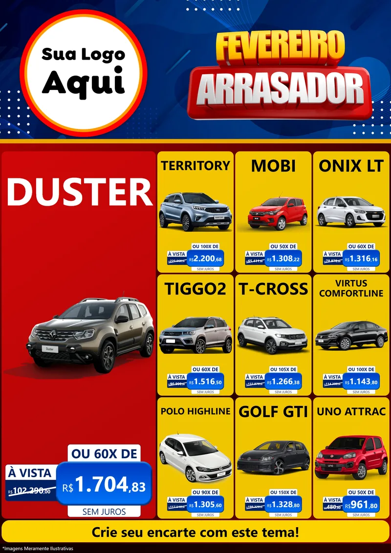 Modelo de Encarte para Encarte A4 Vertical com o tema Fevereiro Arrasador para Concessionaria de Carros