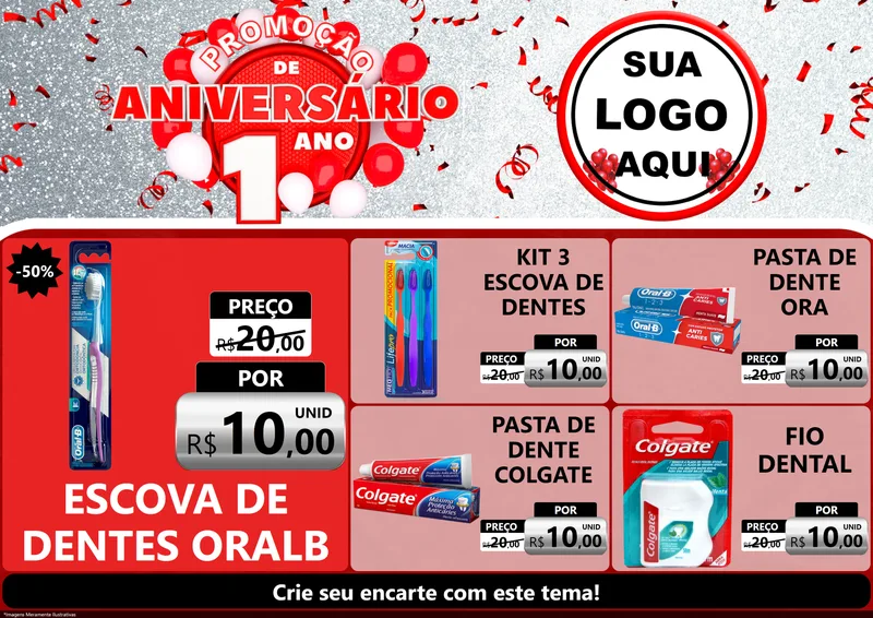 Modelo de Encarte para Encarte A4 Horizontal com o tema Promoção de Aniversário - 1 Ano para Higiene Pessoal