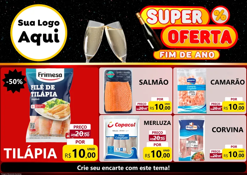 Modelo de Encarte para Encarte A4 Horizontal com o tema Super Oferta Fim de Ano para Peixaria