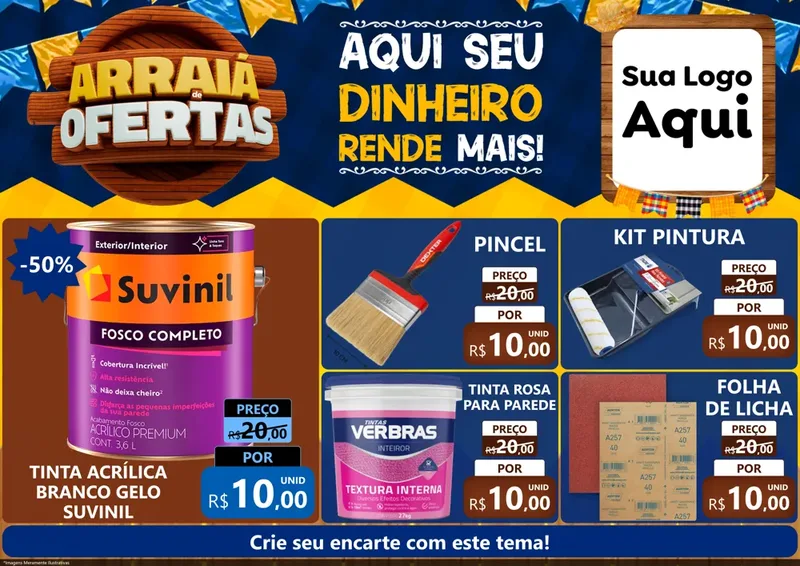 Modelo de Encarte para Encarte A4 Horizontal com o tema Arraiá de Ofertas - Junina para Tintas e Ferramentas