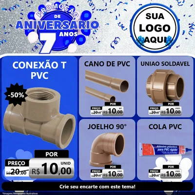 Modelo de Rede Social para Feed Facebook com o tema Promoção de Aniversário - 7 Anos para Tubos e conexões