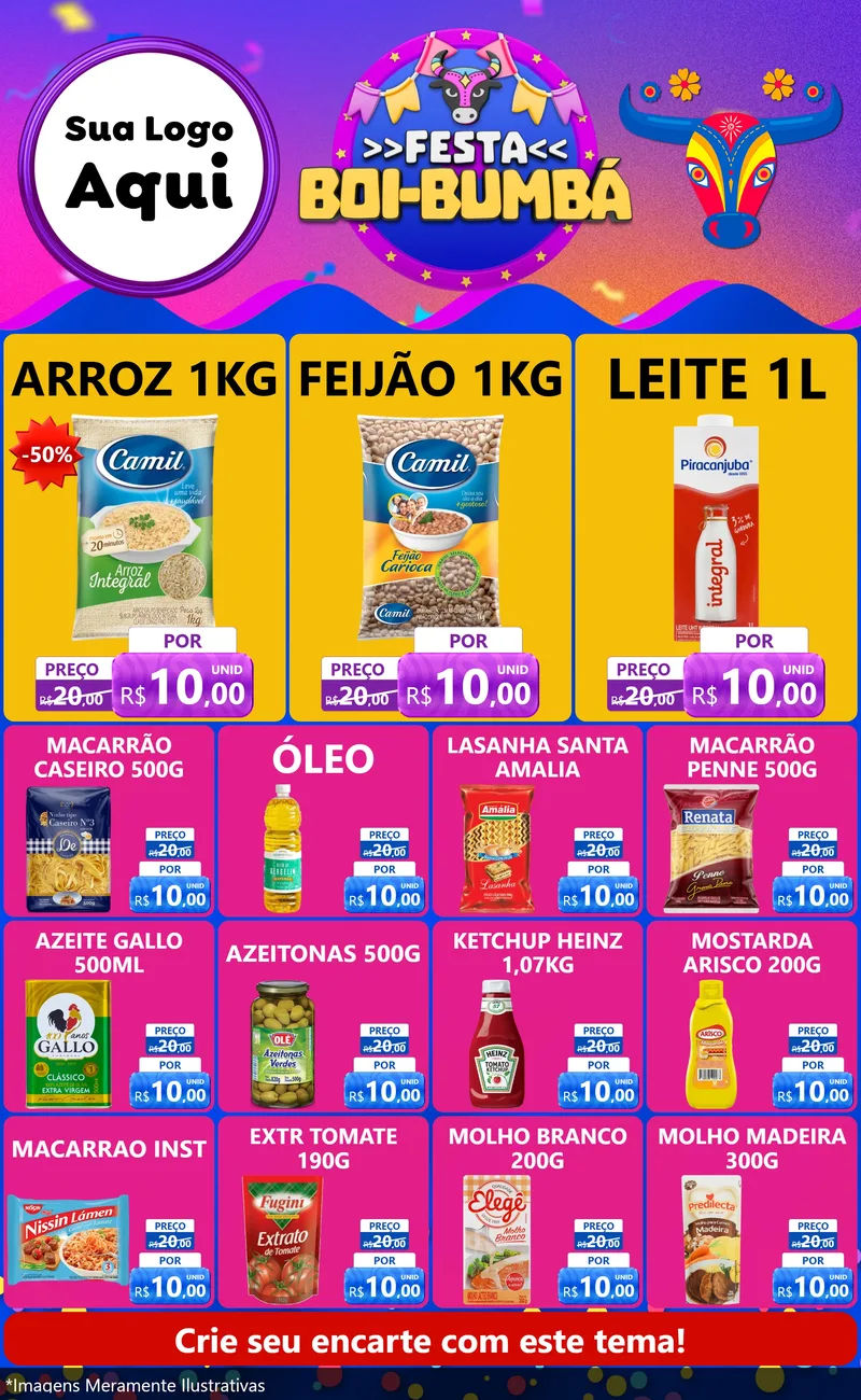 Modelo de Encarte para Encarte Grande com o tema Festa Boi-Bumbá para Supermercado