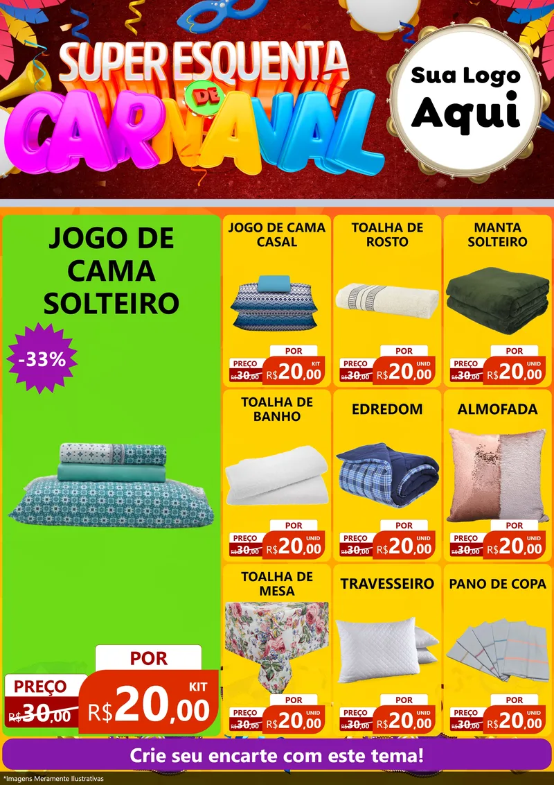 Modelo de Encarte para Encarte A4 Vertical com o tema Super Esquenta de Carnaval para Cama, Mesa e Banho