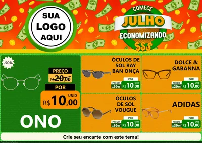 Modelo de Encarte para Encarte A4 Horizontal com o tema Comece Julho Economizando para Óticas