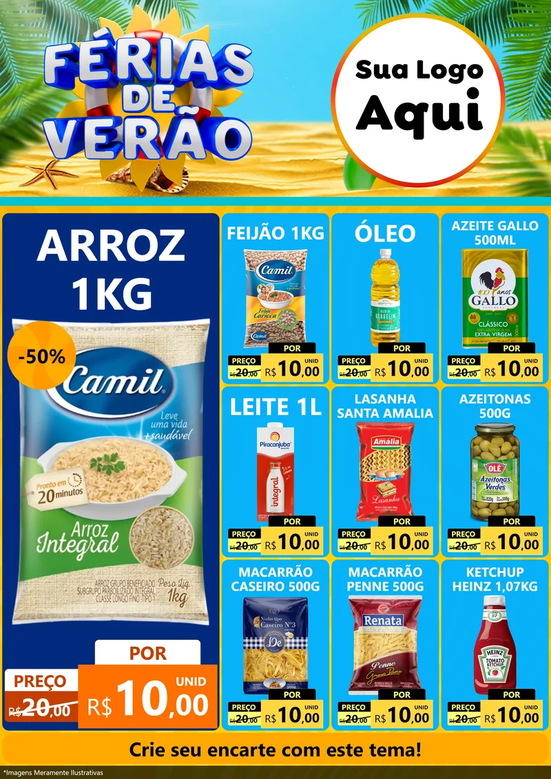Modelo de Encarte para Encarte A4 Vertical com o tema Férias de Verão para Supermercado