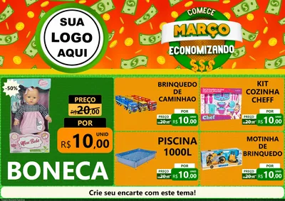 Modelo de Encarte para Encarte A4 Horizontal com o tema Comece Março Economizando para Brinquedos