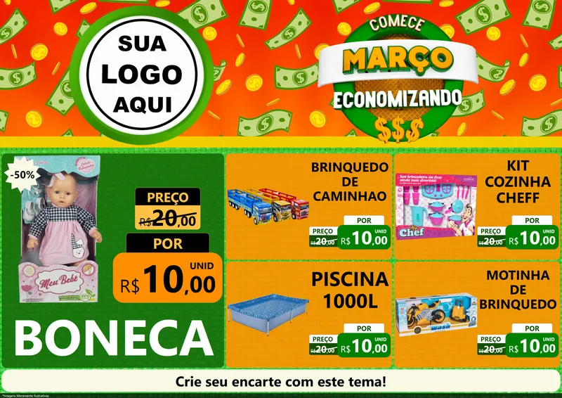 Modelo de Encarte para Encarte A4 Horizontal com o tema Comece Março Economizando para Brinquedos
