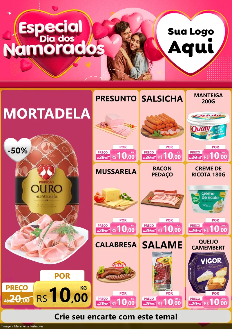 Modelo de Encarte para Encarte A4 Vertical com o tema Especial Dia dos Namorados para Frios e Laticínios