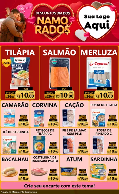 Modelo de Encarte para Encarte Grande com o tema Descontos Dia dos Namorados para Peixaria