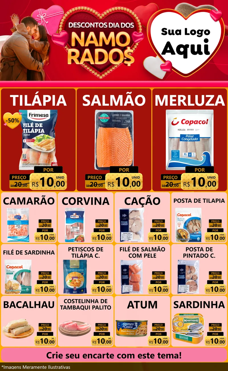 Modelo de Encarte para Encarte Grande com o tema Descontos Dia dos Namorados para Peixaria
