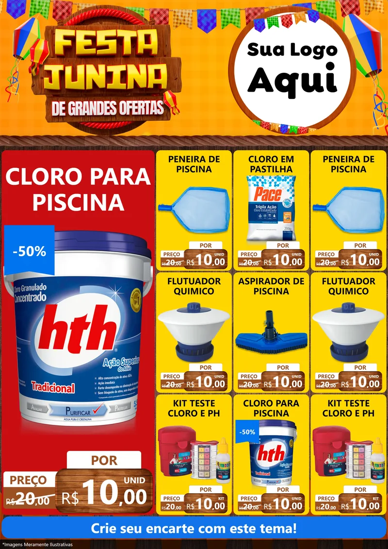 Modelo de Encarte para Encarte A4 Vertical com o tema Festa Junina de Grandes Ofertas para Produtos para Piscina