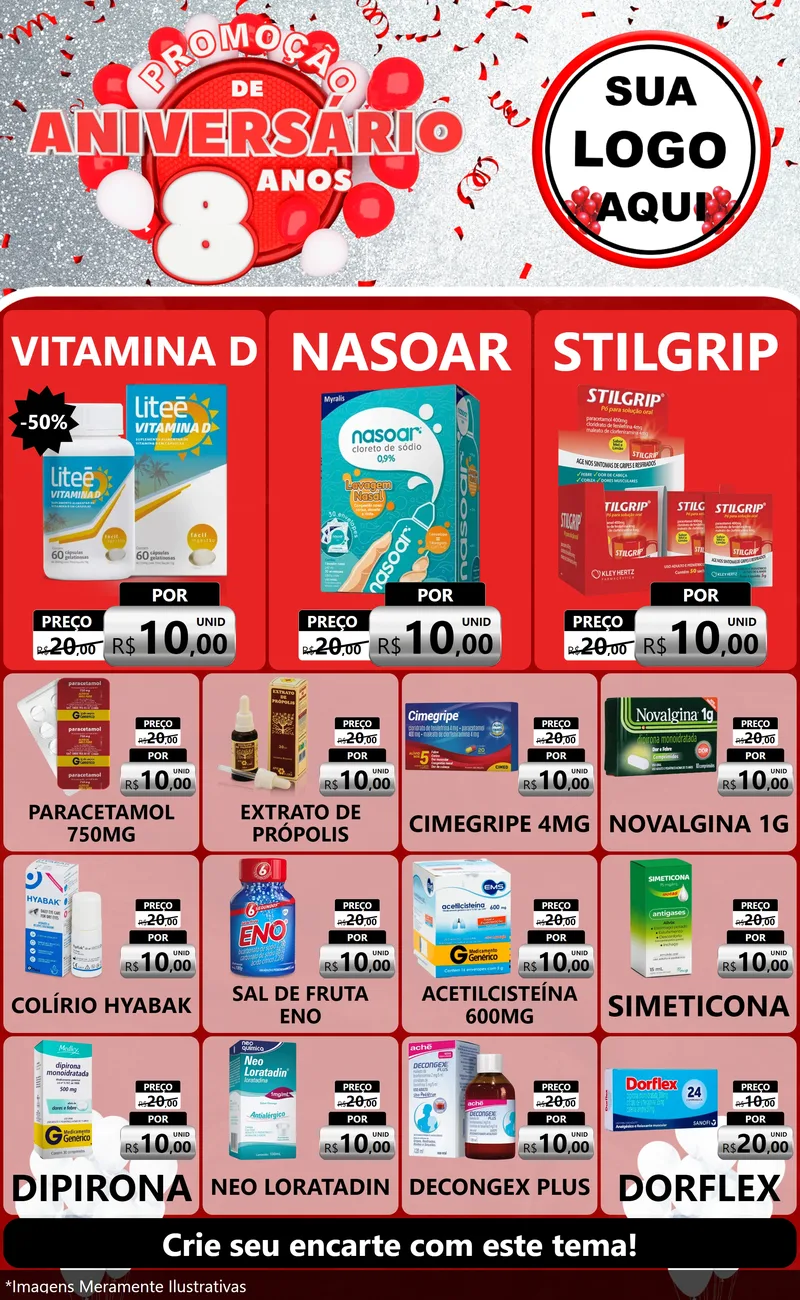 Modelo de Encarte para Encarte Grande com o tema Promoção de Aniversário - 8 Anos para Farmácia