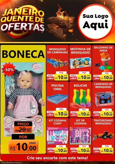 Modelo de Encarte para Encarte A4 Vertical com o tema Janeiro Quente de Ofertas para Brinquedos