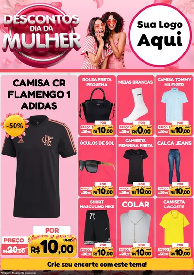 Modelo de Encarte para Encarte A4 Vertical com o tema Descontos Dia da Mulher para Roupas e acessórios