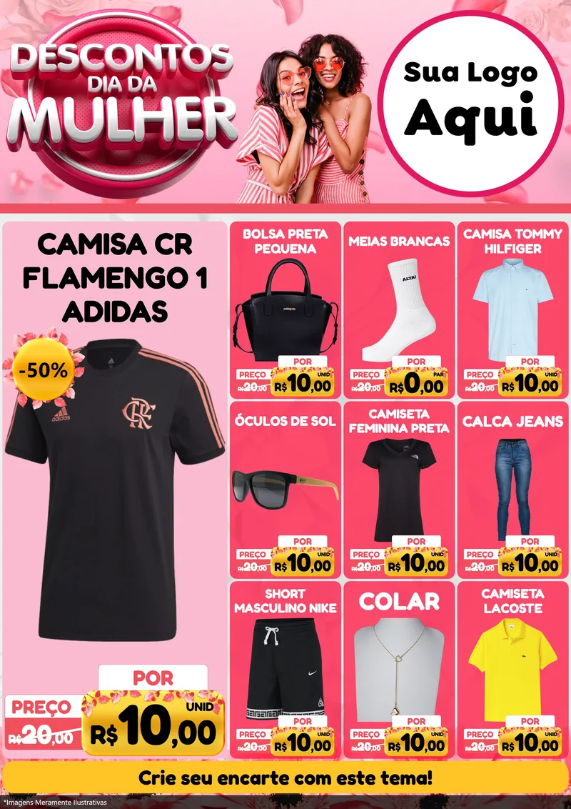 Modelo de Encarte para Encarte A4 Vertical com o tema Descontos Dia da Mulher para Roupas e acessórios