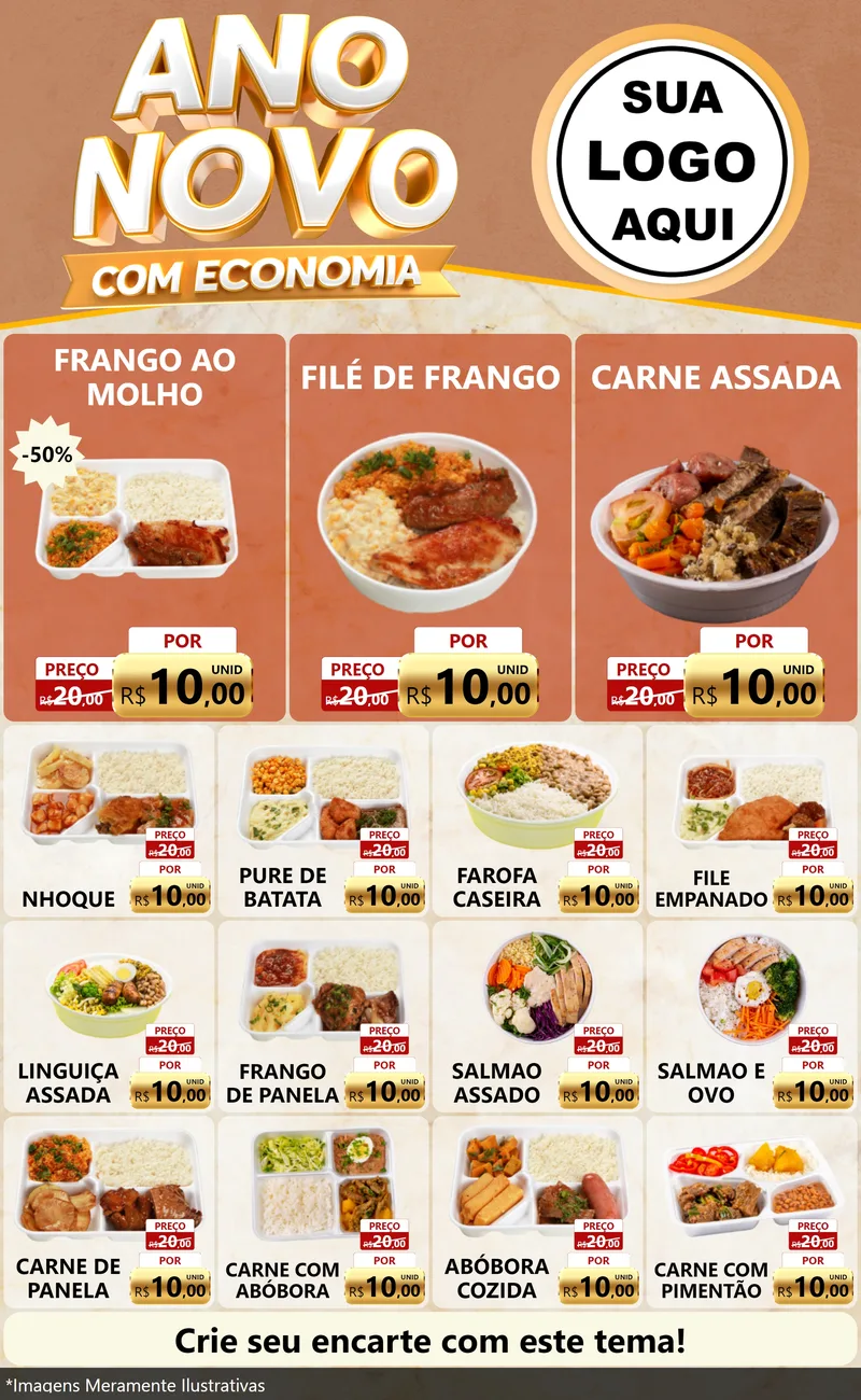 Modelo de Encarte para Encarte Grande com o tema Ano Novo Com Economia para Restaurante