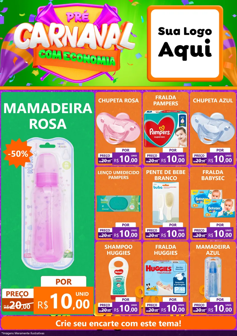 Modelo de Encarte para Encarte A4 Vertical com o tema Pré-Carnaval Com Economia para Bebês