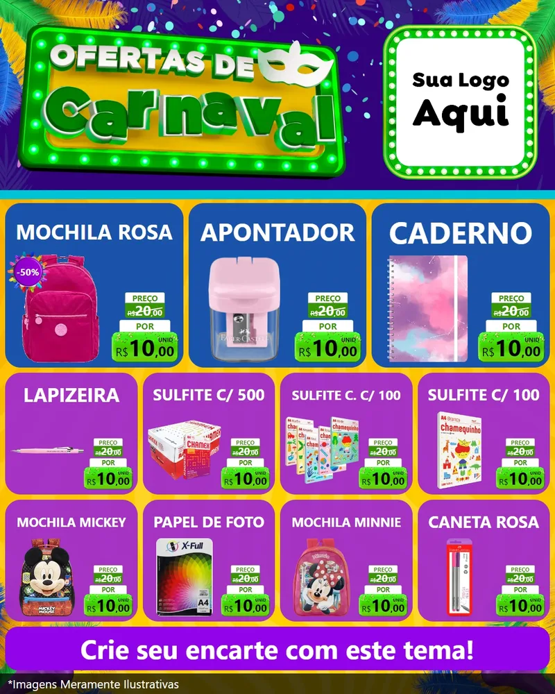 Modelo de Rede Social para Feed Instagram com o tema Ofertas de Carnaval para Papelaria