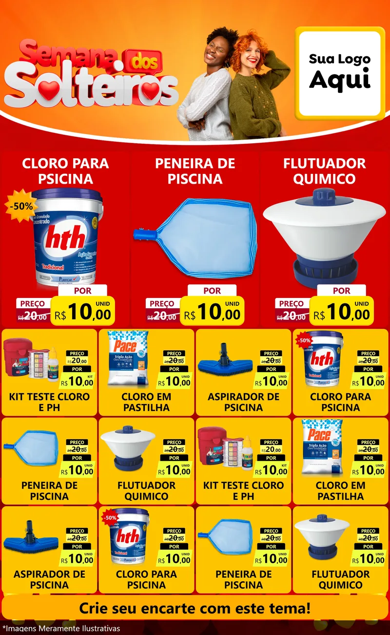 Modelo de Encarte para Encarte Grande com o tema Semana dos Solteiros para Produtos para Piscina