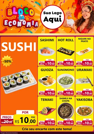 Modelo de Encarte para Encarte A4 Vertical com o tema Bloco da Economia para Comida japonesa