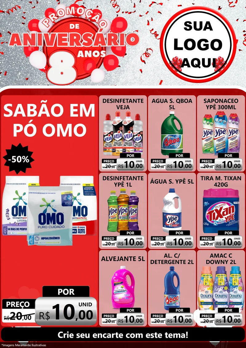 Modelo de Encarte para Encarte A4 Vertical com o tema Promoção de Aniversário - 8 Anos para Produtos de Limpeza