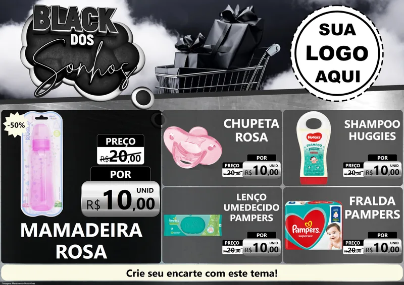 Modelo de Encarte para Encarte A4 Horizontal com o tema Black dos Sonhos para Bebês