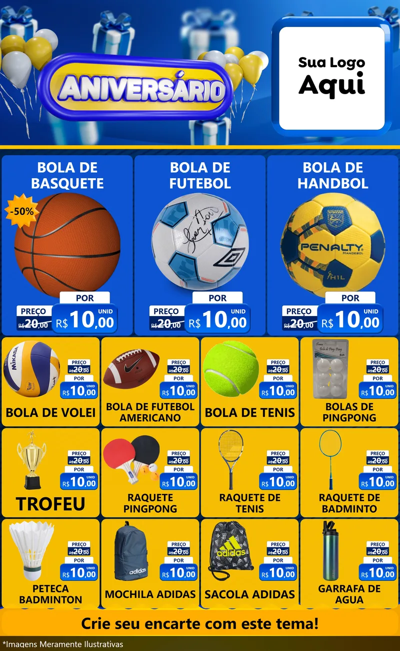 Modelo de Encarte para Encarte Grande com o tema Aniversário para Artigos Esportivos