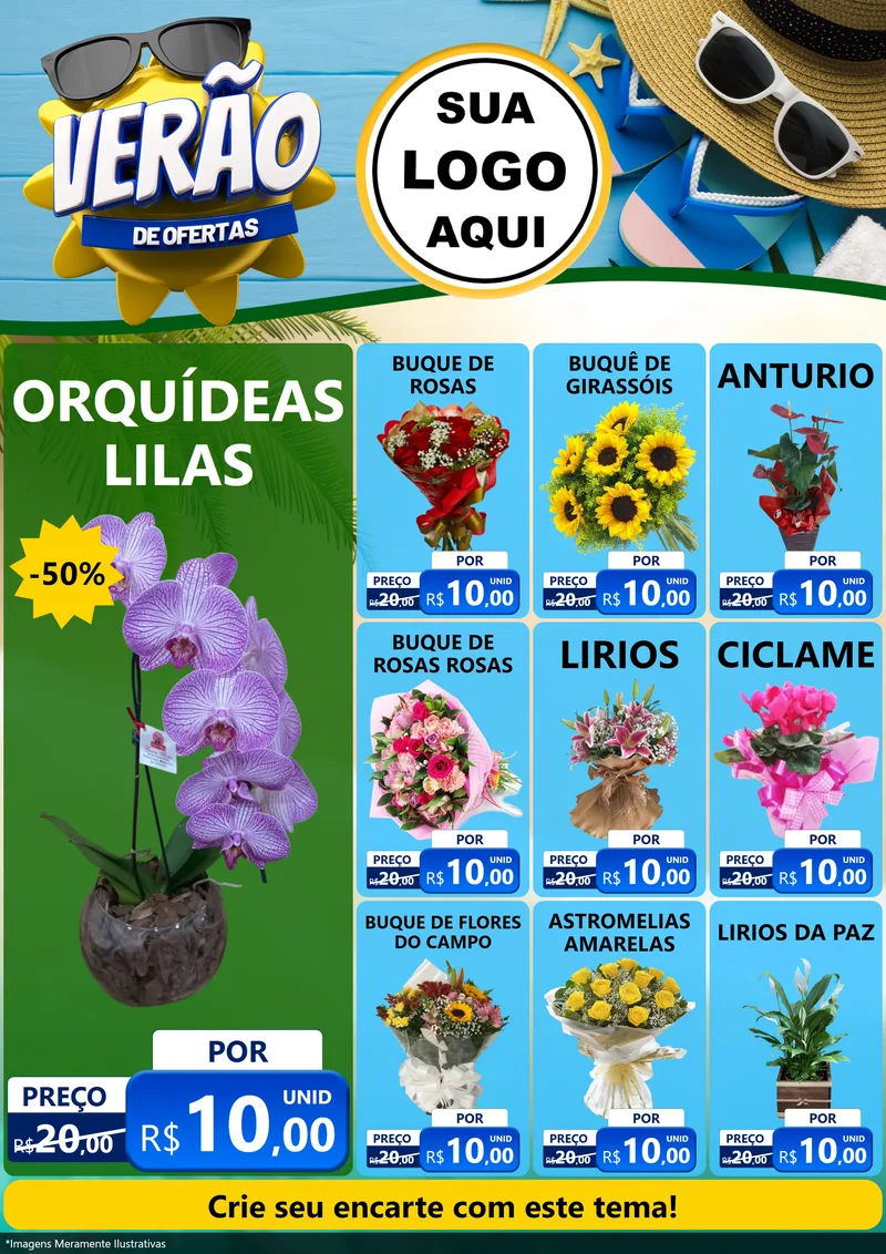 Modelo de Encarte para Encarte A4 Vertical com o tema Verão de Ofertas para Floricultura e jardim