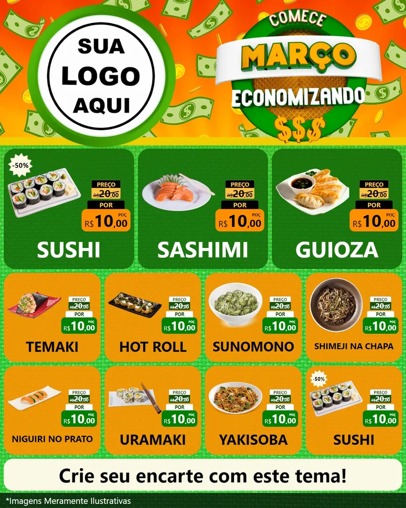 Modelo de Rede Social para Feed Instagram com o tema Comece Março Economizando para Comida japonesa