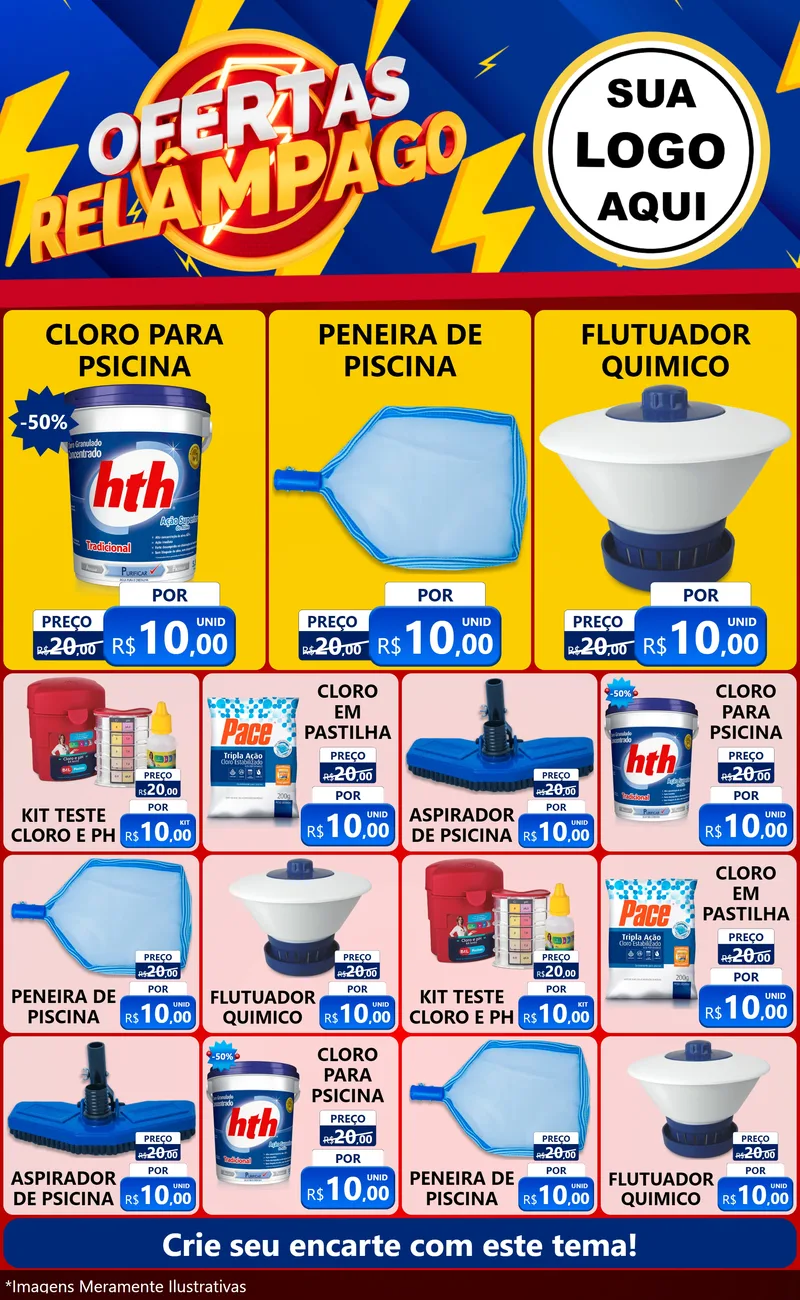 Modelo de Encarte para Encarte Grande com o tema Ofertas Relâmpago para Produtos para Piscina