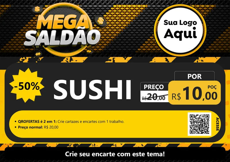 Modelo de Cartaz para Cartaz A4 Horizontal com o tema Mega Saldão para Comida japonesa