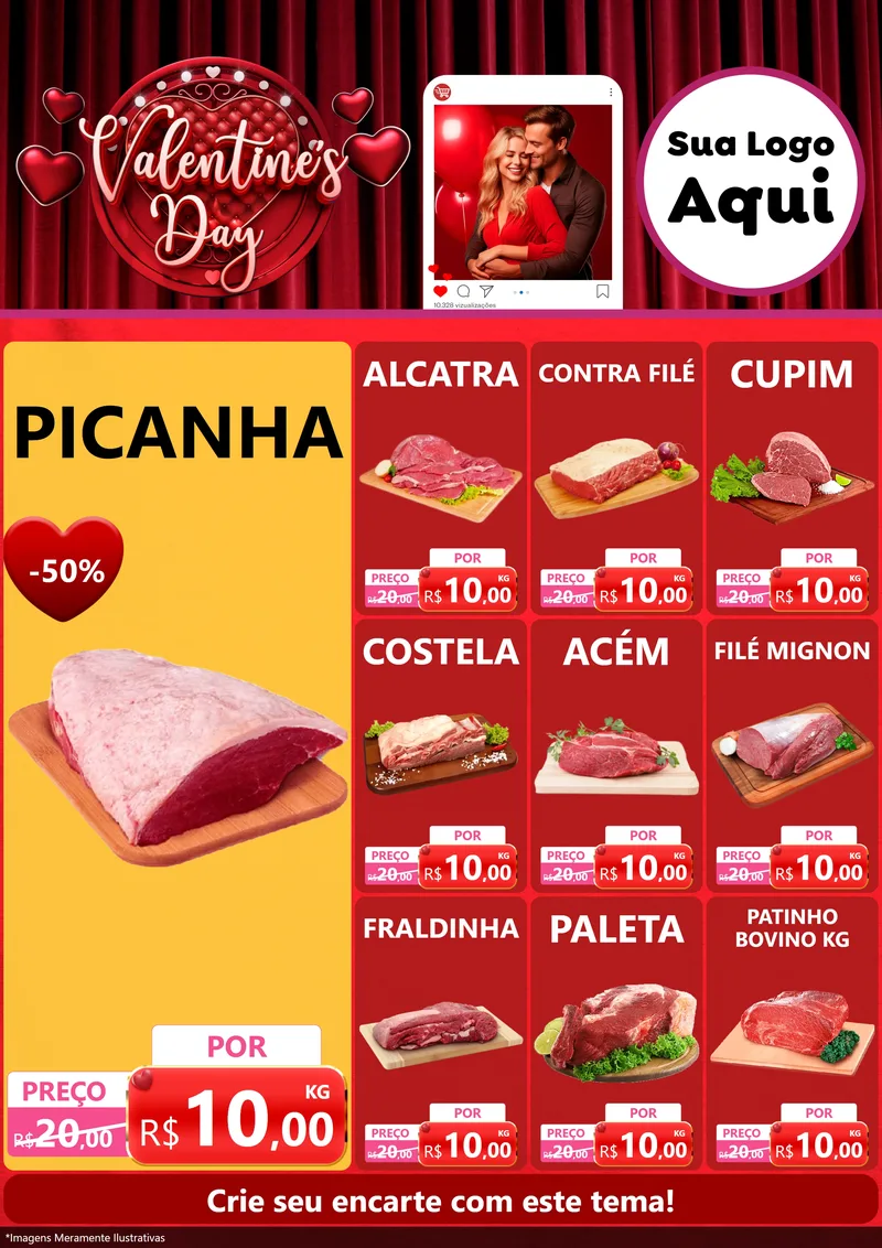 Modelo de Encarte para Encarte A4 Vertical com o tema Valentine's Day para Açougue