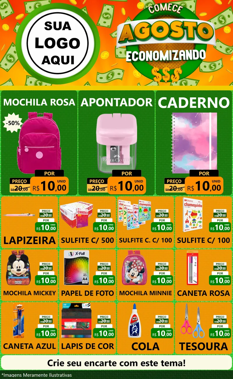 Modelo de Encarte para Encarte Grande com o tema Comece Agosto Economizando para Papelaria