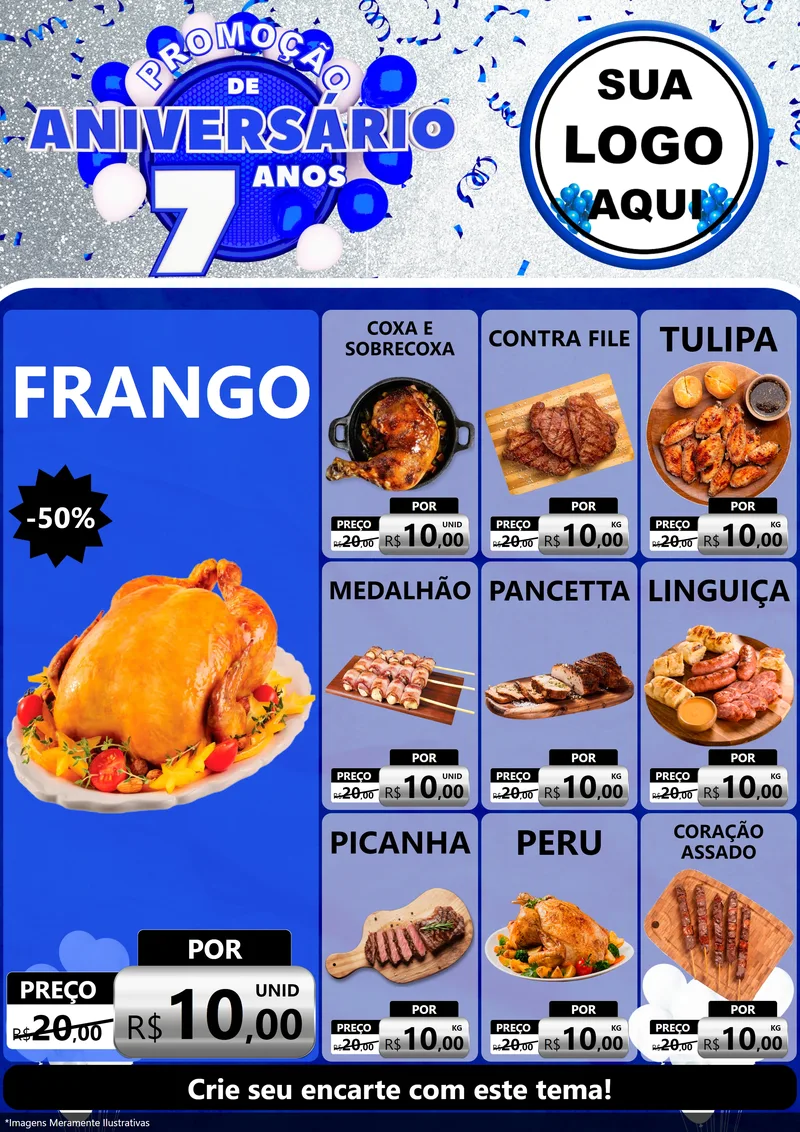 Modelo de Encarte para Encarte A4 Vertical com o tema Promoção de Aniversário - 7 Anos para Assados